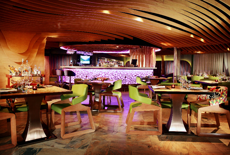restaurant interior, wooden, pink accents