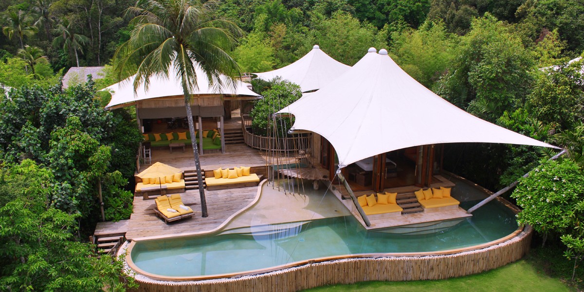top view of resort villa and pool