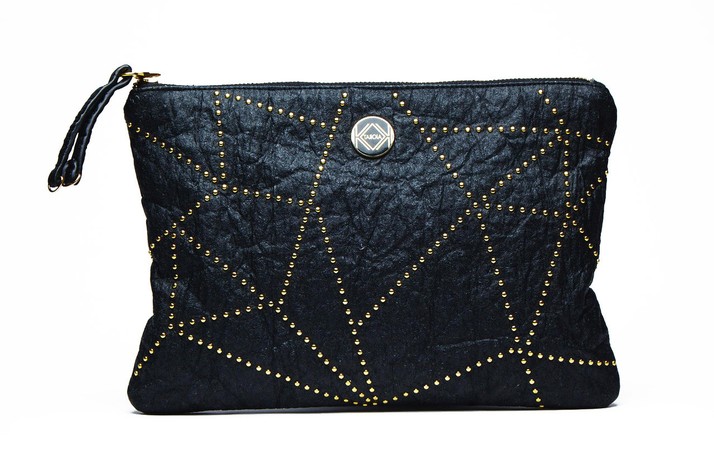 black clutch purse with white stitching