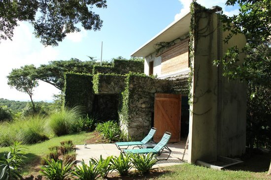 lawn chairs, walls covered with plants