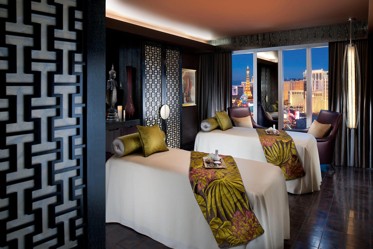 hotel room, oriental themed decor, city view