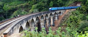 blue train on high arched stone bridge