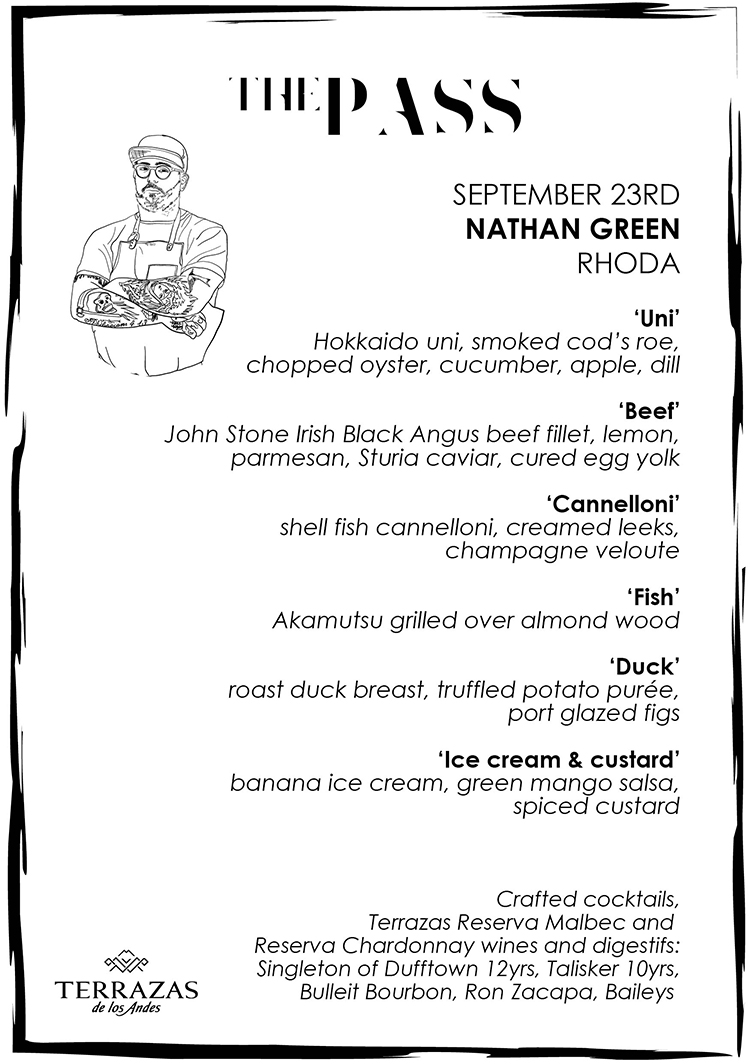 black and white menu with illustration of chef
