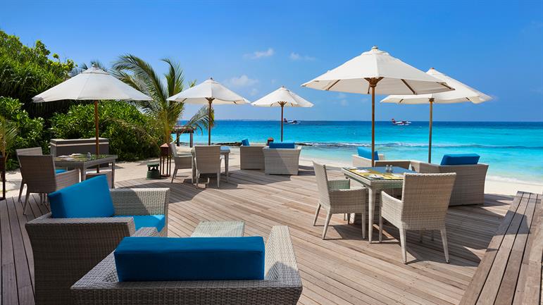 wooden deck, beach umbrella, seats