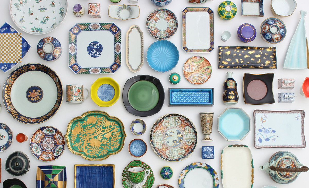 an array of dishes, top view