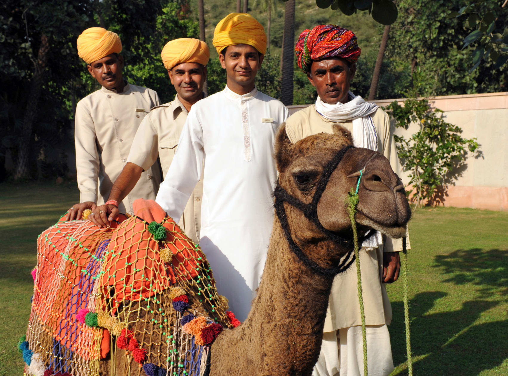 four men with turbans, sitting camel