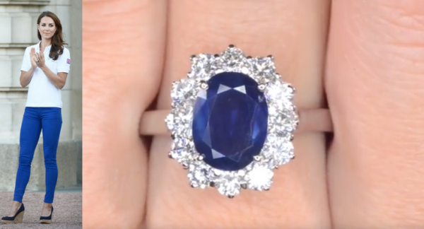 close up of sapphire ring and split photo of kate Middleton