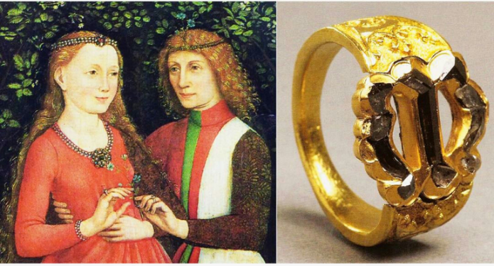 picture of 14th century man and woman and other picture of plain gold ring with simple diamond