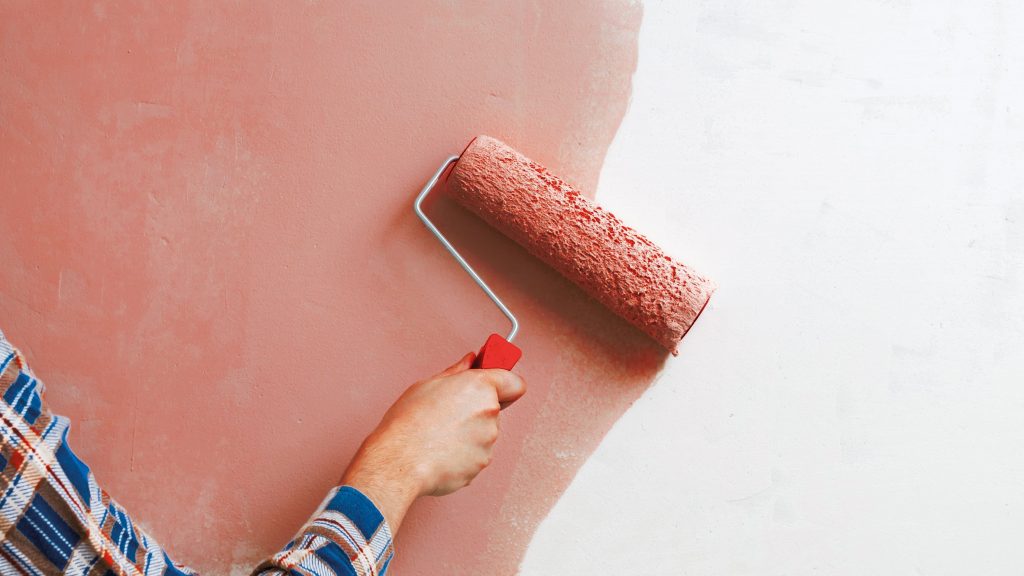 person rolling pink paint on wall