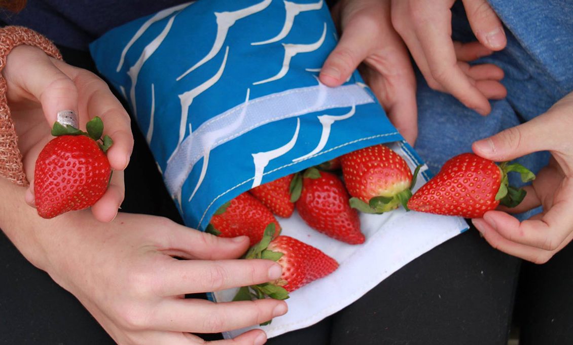 hands taking out bright red strawberries from a blue reusable cloth bag