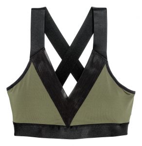 khaki and black sports bra with crossed back straps