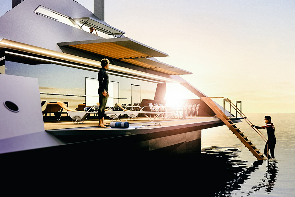 artist rendering of people standing on yacht deck