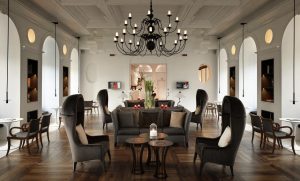 tables and chairs, chandelier