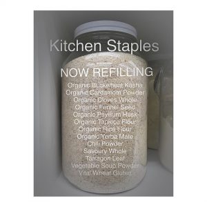 jar with text, kitchen staples now refilling and list of items