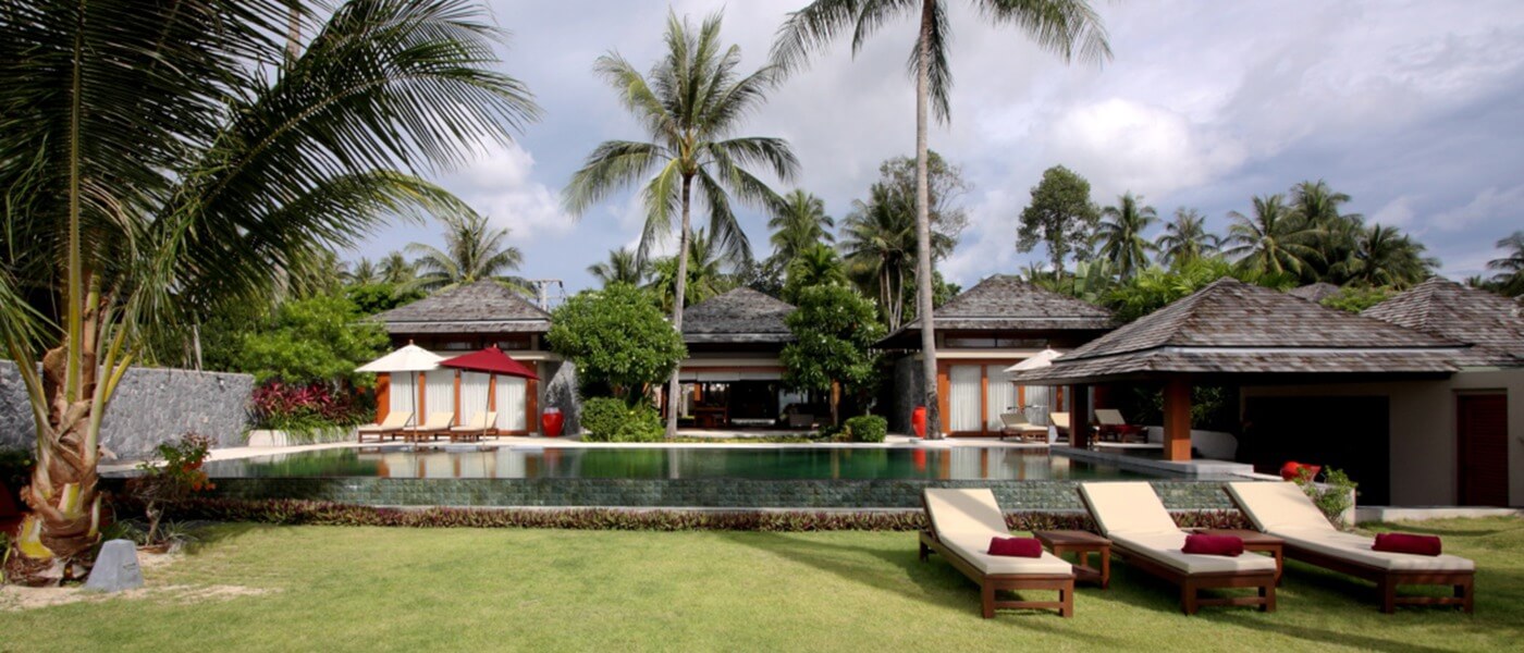 lawn, palm trees, Thai pavilions