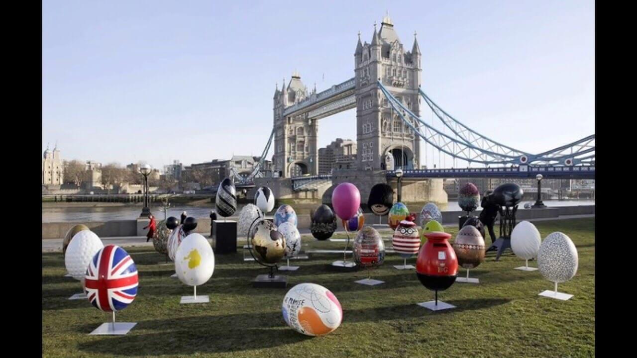 coloured Easter eggs, London Tower Bridge